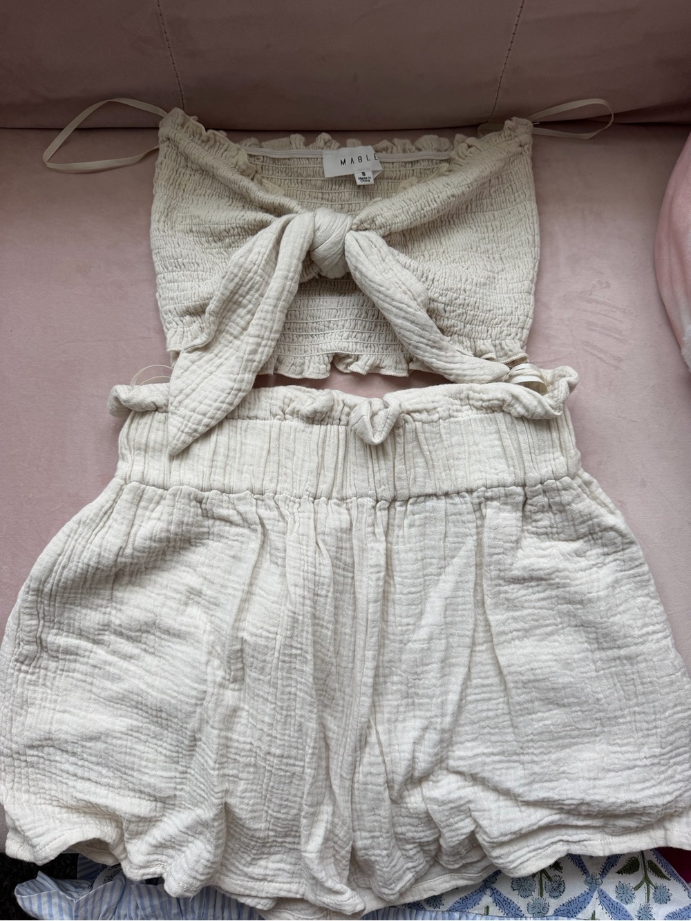 Mable Cream Two-Piece Cotton Gauze Tie-Front Top & Shorts Set